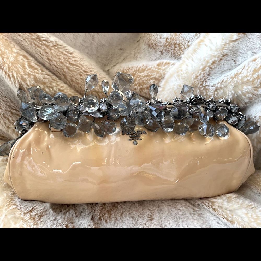 Prada resort Cipria patent leather crystal encrusted clutch bag